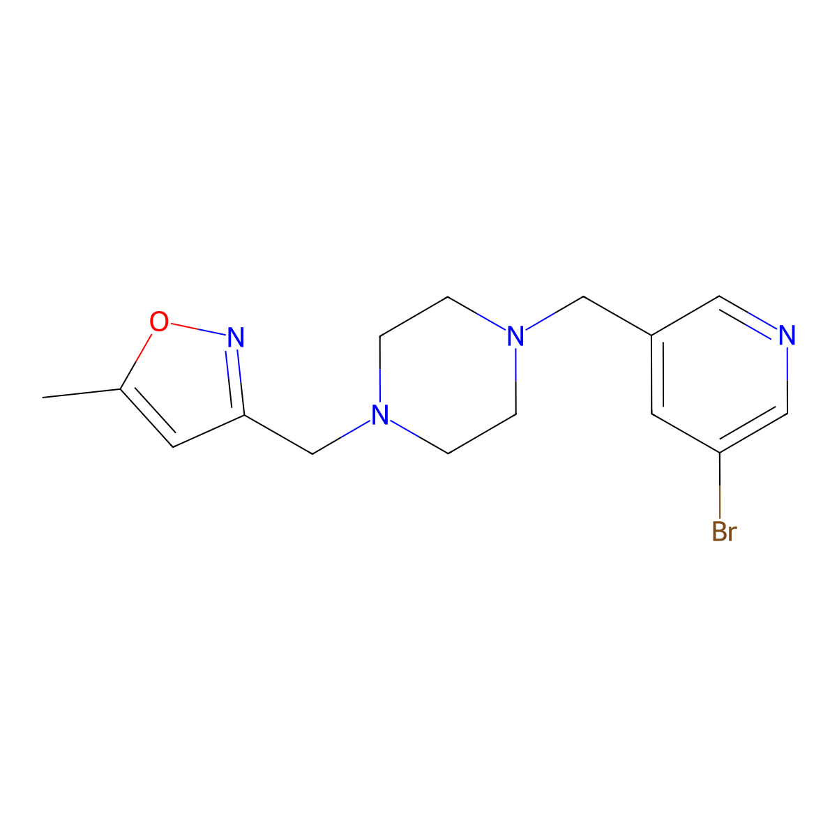 1-[(5-Bromopyridin-3-yl)methyl]-4-[(5-methyl-1,2-oxazol-3-yl)methyl]piperazine molecular structure, CAS 2877688-54-3