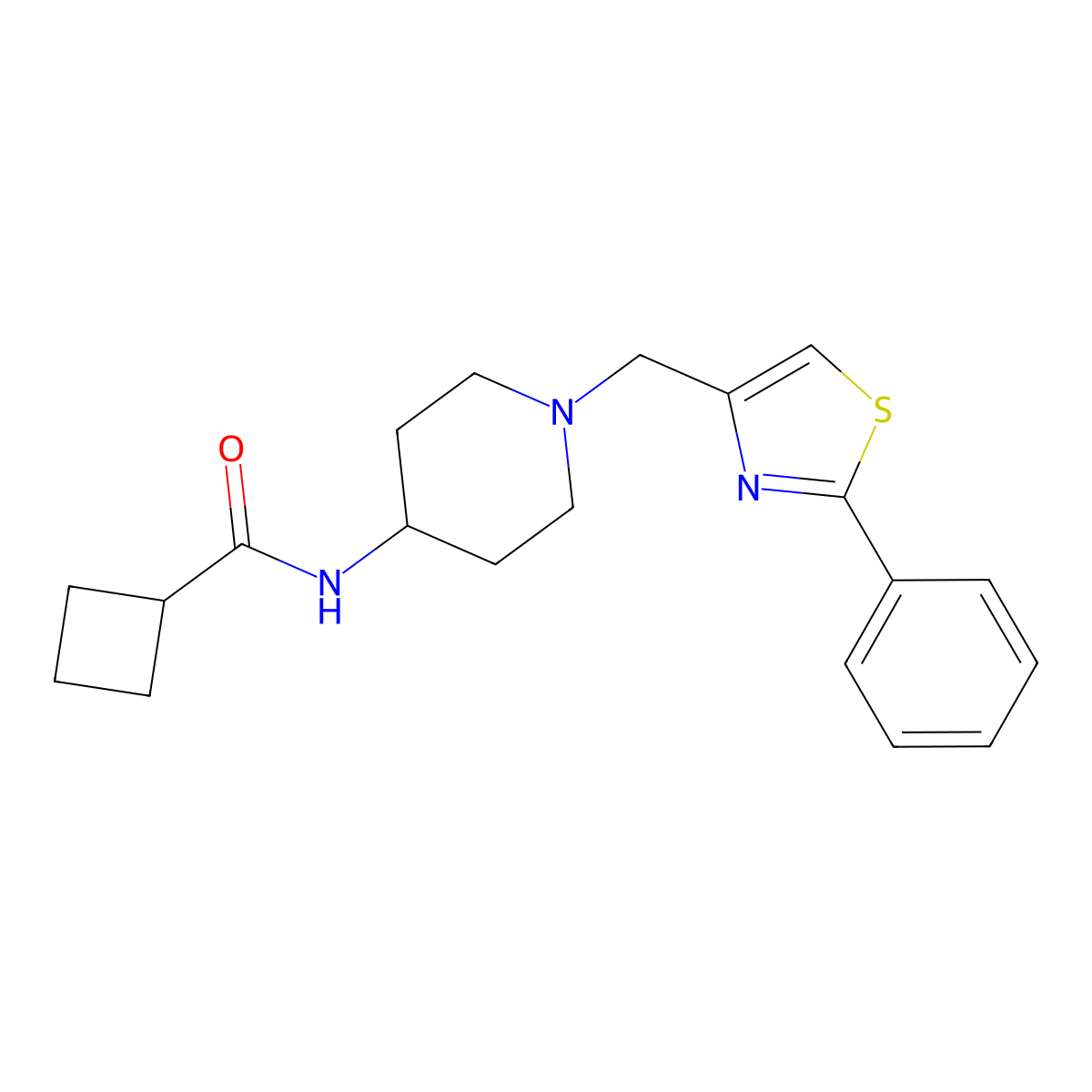 N-{1-[(2-phenyl-1,3-thiazol-4-yl)methyl]piperidin-4-yl}cyclobutanecarboxamide molecular structure, CAS 2877688-68-9