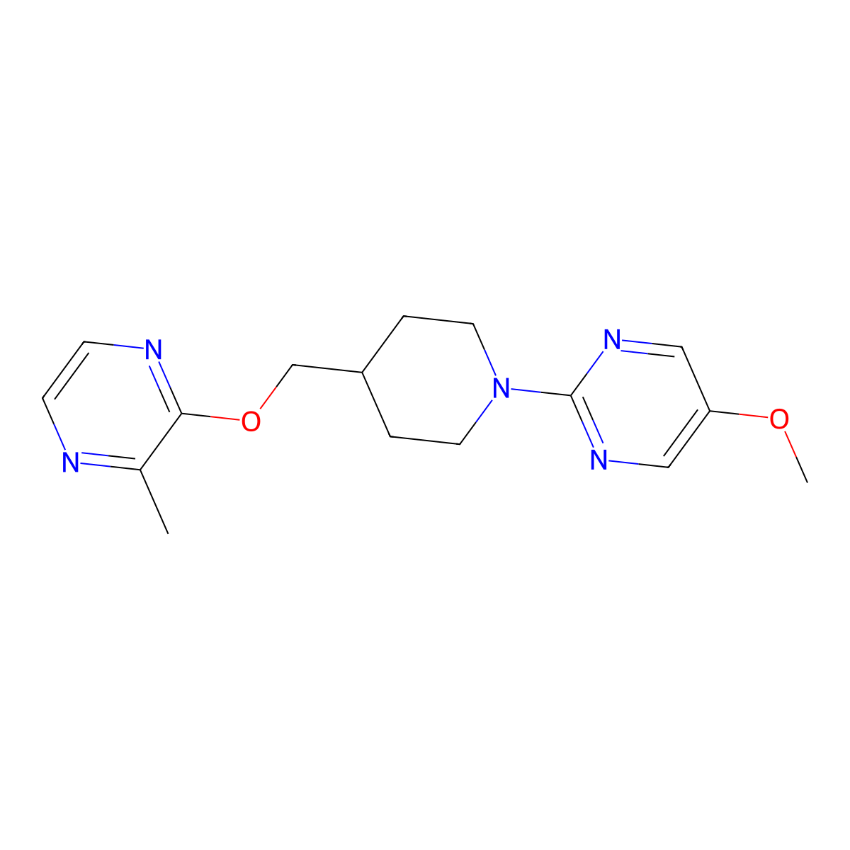 5-Methoxy-2-(4-{[(3-methylpyrazin-2-yl)oxy]methyl}piperidin-1-yl)pyrimidine molecular structure, CAS 2877688-79-2