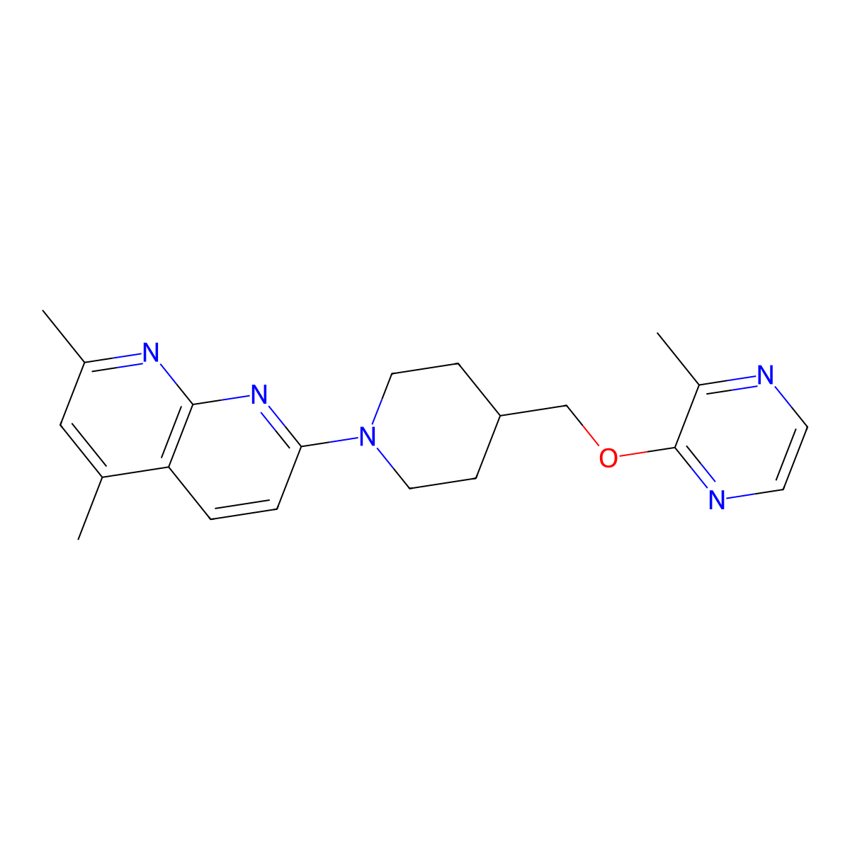 2,4-Dimethyl-7-(4-{[(3-methylpyrazin-2-yl)oxy]methyl}piperidin-1-yl)-1,8-naphthyridine molecular structure, CAS 2877688-81-6