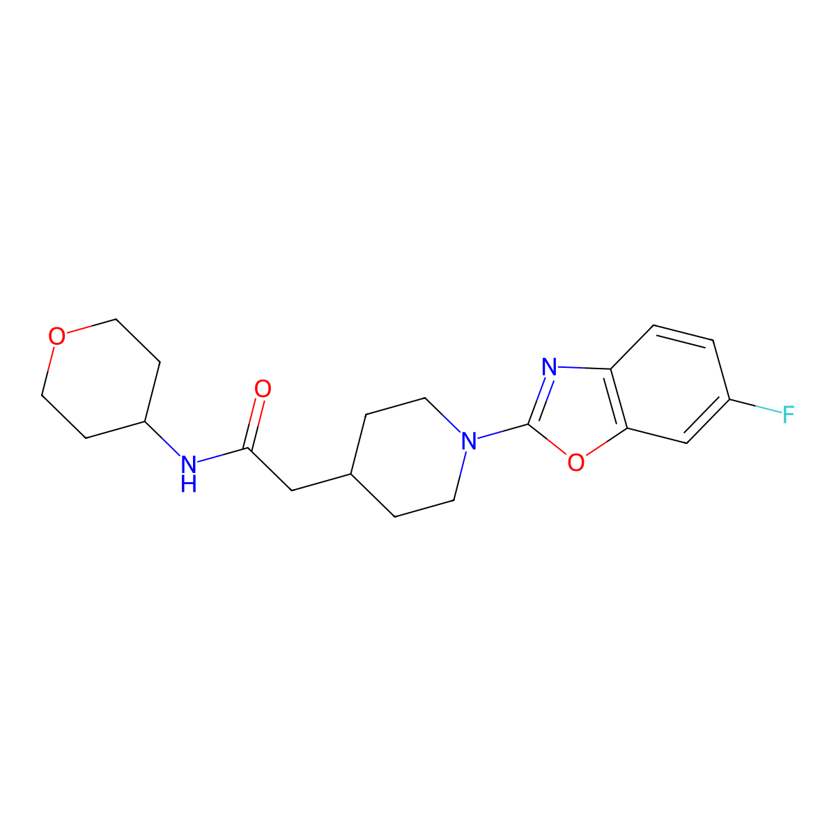 2-[1-(6-fluoro-1,3-benzoxazol-2-yl)piperidin-4-yl]-N-(oxan-4-yl)acetamide molecular structure, CAS 2877688-84-9