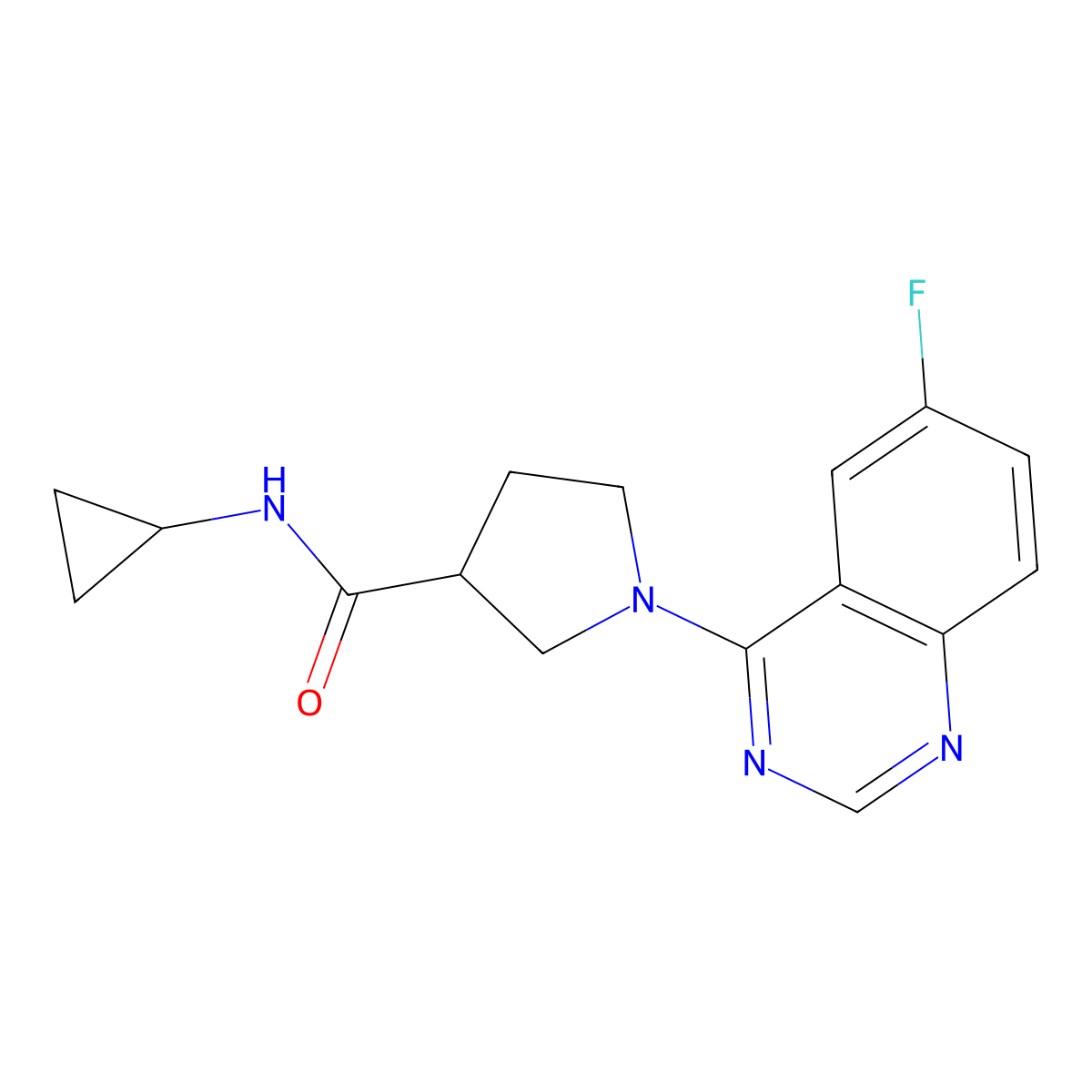 N-cyclopropyl-1-(6-fluoroquinazolin-4-yl)pyrrolidine-3-carboxamide molecular structure, CAS 2877688-85-0