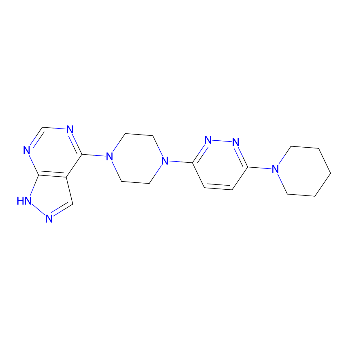 3-(piperidin-1-yl)-6-(4-{1H-pyrazolo[3,4-d]pyrimidin-4-yl}piperazin-1-yl)pyridazine molecular structure, CAS 2877688-92-9
