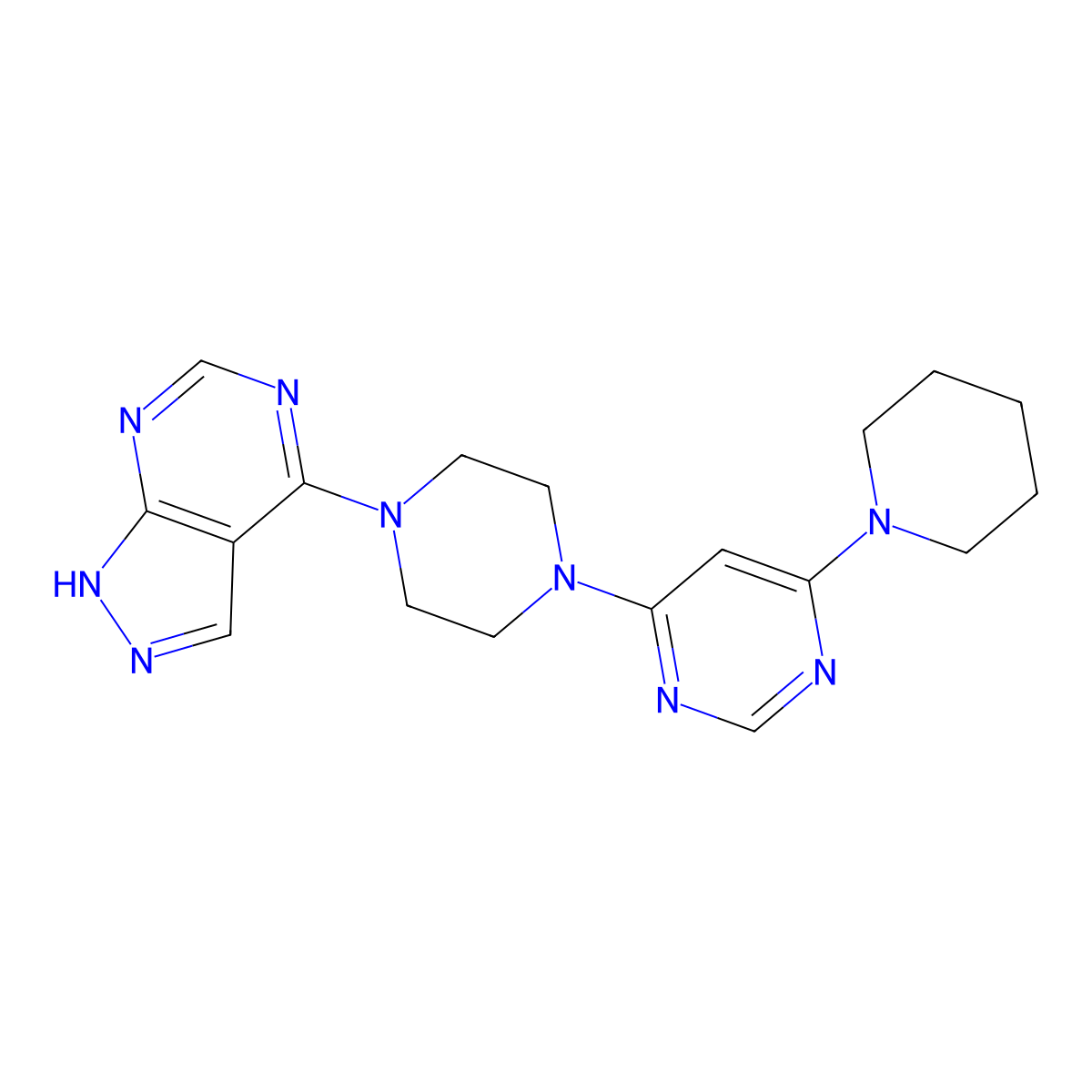 4-(piperidin-1-yl)-6-(4-{1H-pyrazolo[3,4-d]pyrimidin-4-yl}piperazin-1-yl)pyrimidine molecular structure, CAS 2877688-99-6