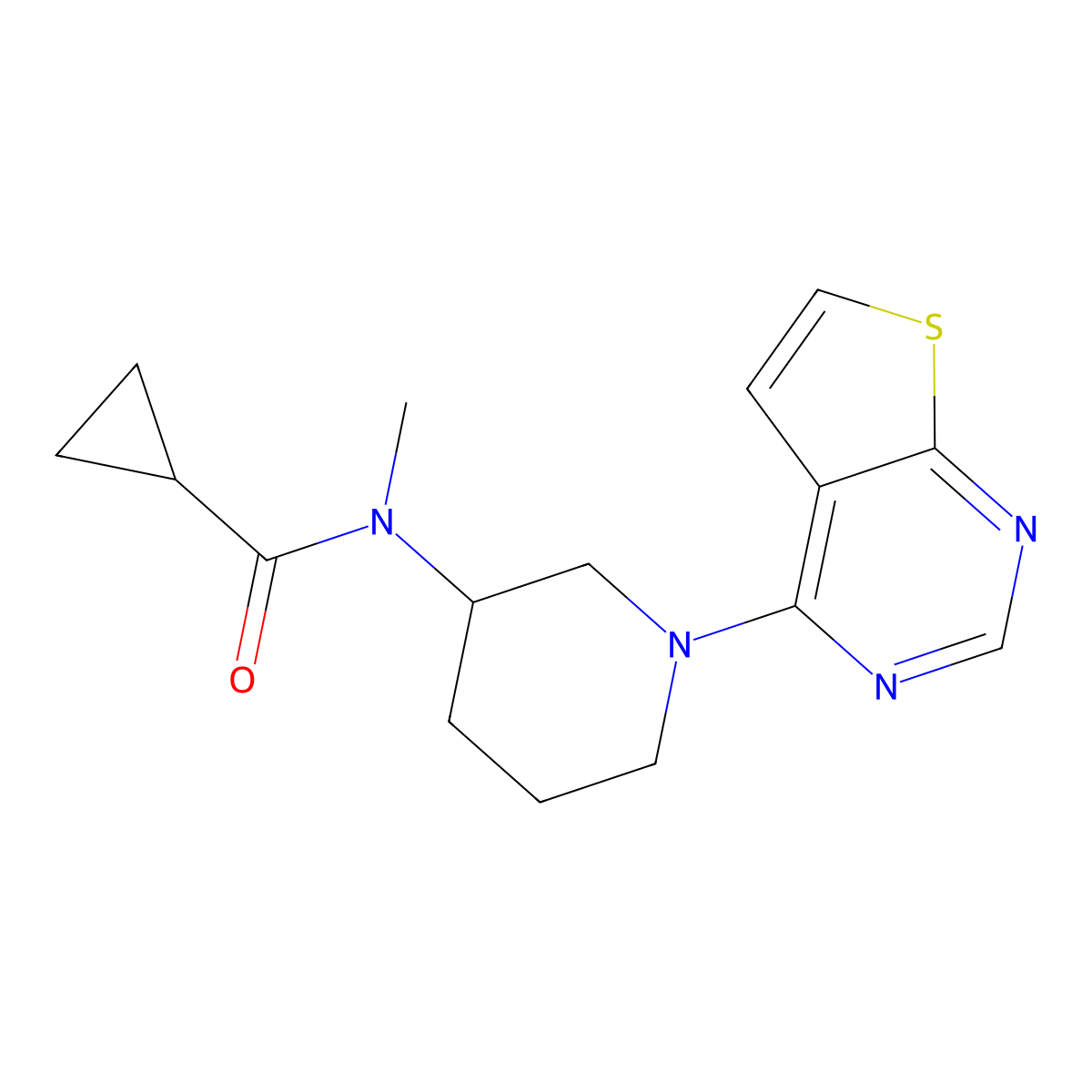 N-methyl-N-(1-thieno[2,3-d]pyrimidin-4-ylpiperidin-3-yl)cyclopropanecarboxamide molecular structure, CAS 2877689-02-4