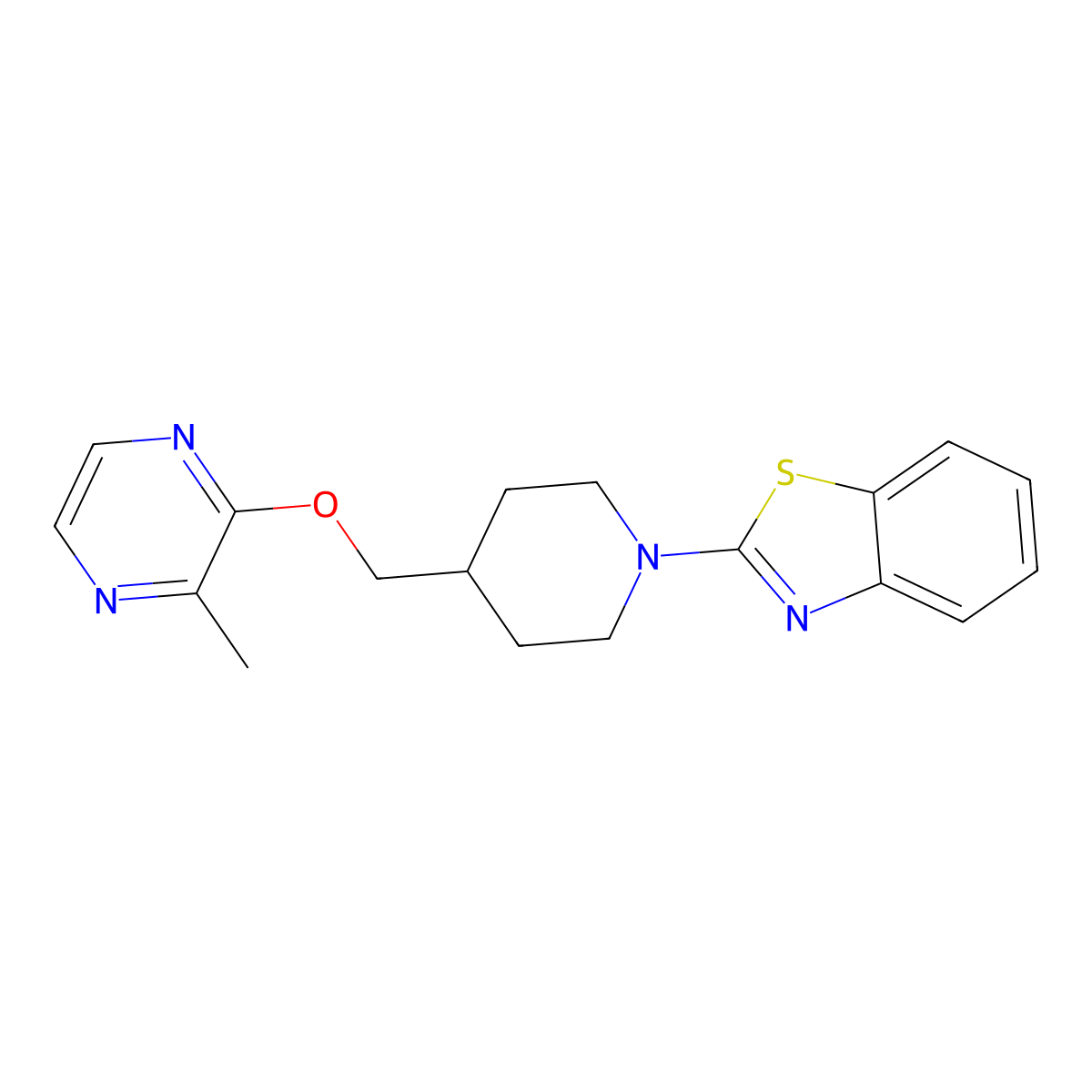 2-(4-{[(3-Methylpyrazin-2-yl)oxy]methyl}piperidin-1-yl)-1,3-benzothiazole molecular structure, CAS 2877689-06-8
