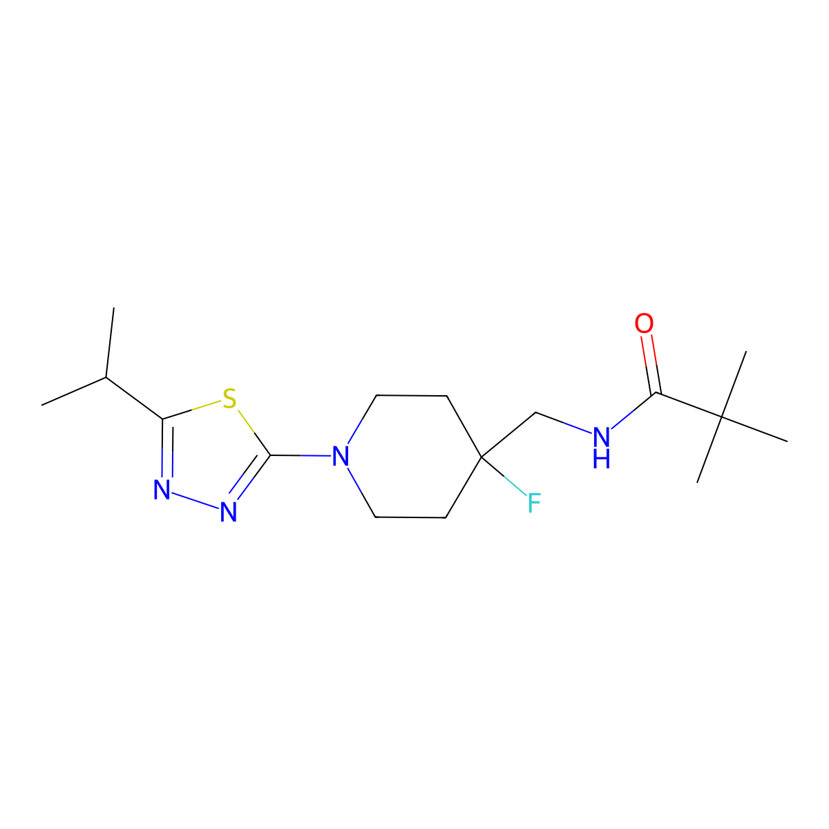 N-({4-fluoro-1-[5-(propan-2-yl)-1,3,4-thiadiazol-2-yl]piperidin-4-yl}methyl)-2,2-dimethylpropanamide molecular structure, CAS 2877689-10-4