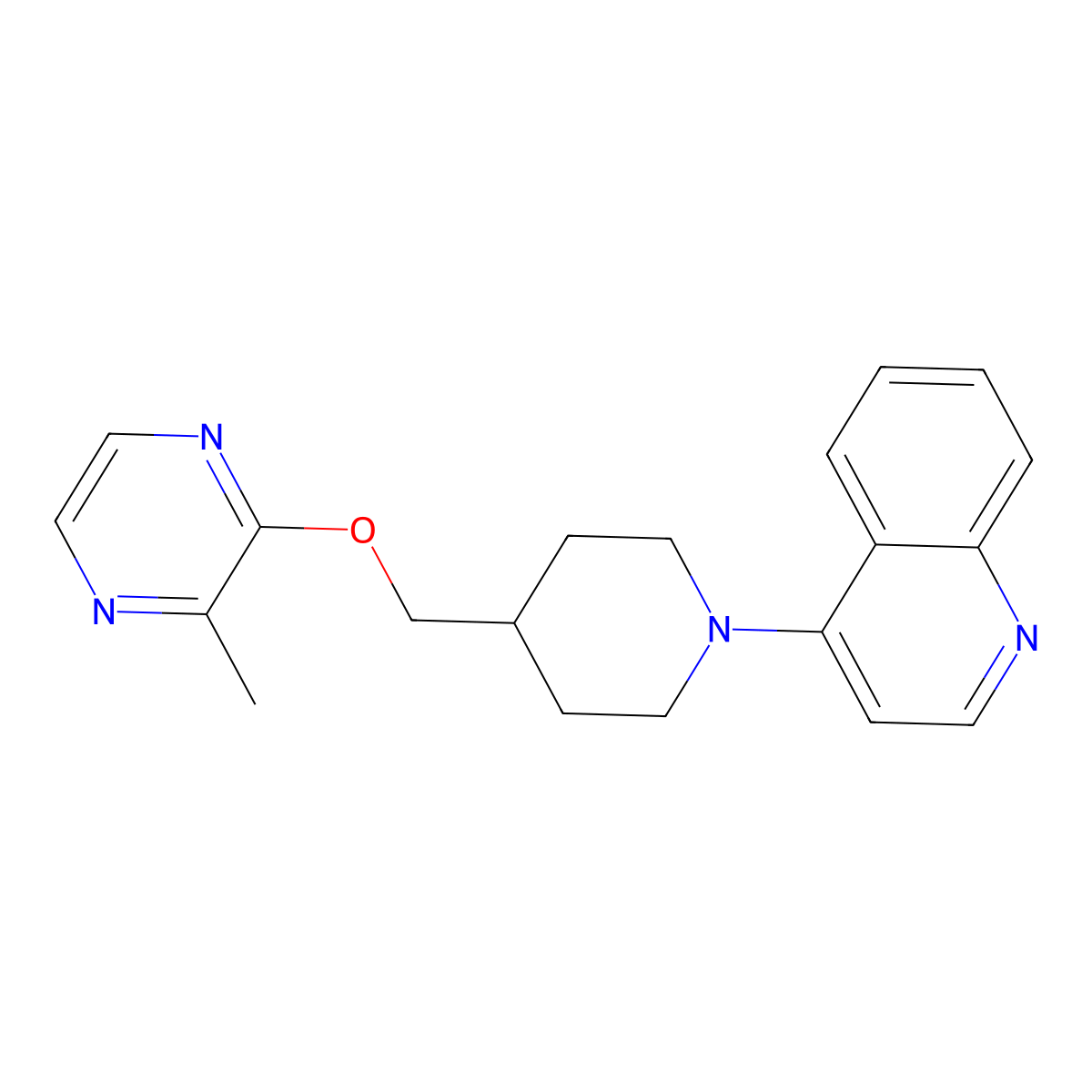 4-(4-{[(3-Methylpyrazin-2-yl)oxy]methyl}piperidin-1-yl)quinoline molecular structure, CAS 2877689-20-6