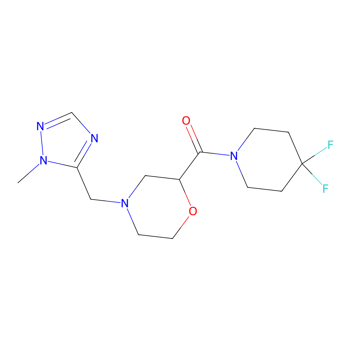 2-(4,4-difluoropiperidine-1-carbonyl)-4-[(1-methyl-1H-1,2,4-triazol-5-yl)methyl]morpholine molecular structure, CAS 2877689-23-9