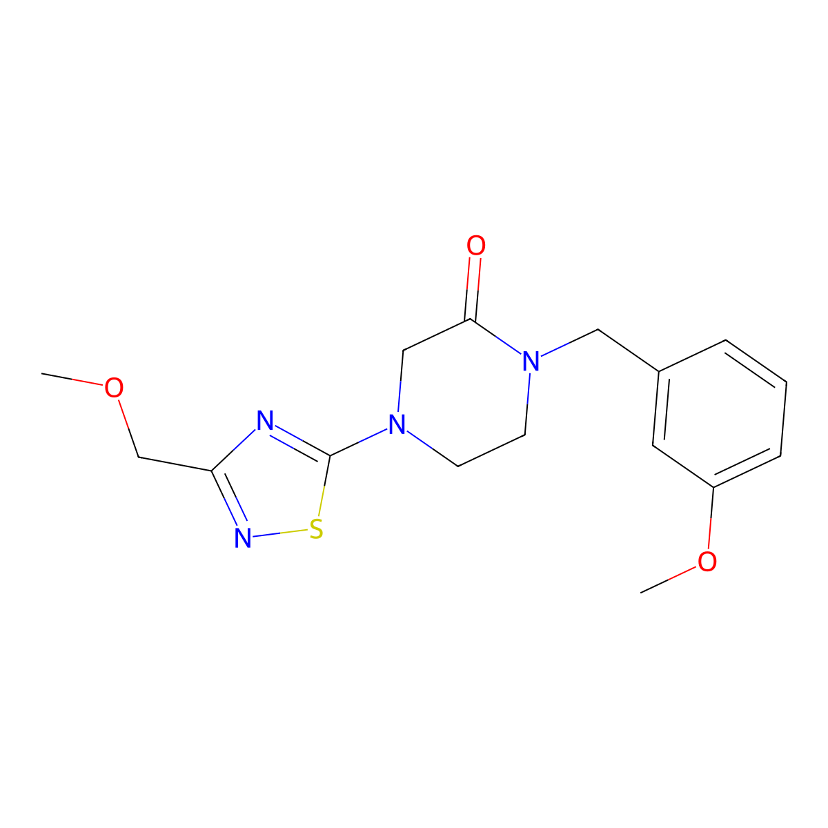 4-[3-(Methoxymethyl)-1,2,4-thiadiazol-5-yl]-1-[(3-methoxyphenyl)methyl]piperazin-2-one molecular structure, CAS 2877689-27-3
