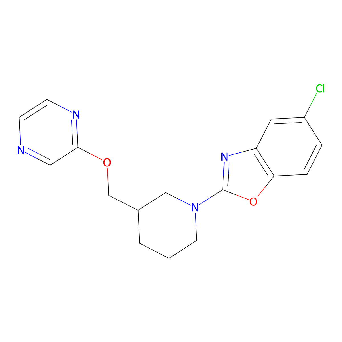 5-Chloro-2-{3-[(pyrazin-2-yloxy)methyl]piperidin-1-yl}-1,3-benzoxazole molecular structure, CAS 2877690-43-0