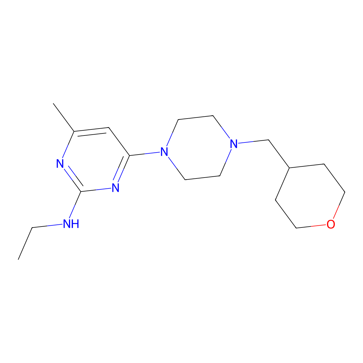 N-ethyl-4-methyl-6-{4-[(oxan-4-yl)methyl]piperazin-1-yl}pyrimidin-2-amine molecular structure, CAS 2877690-45-2