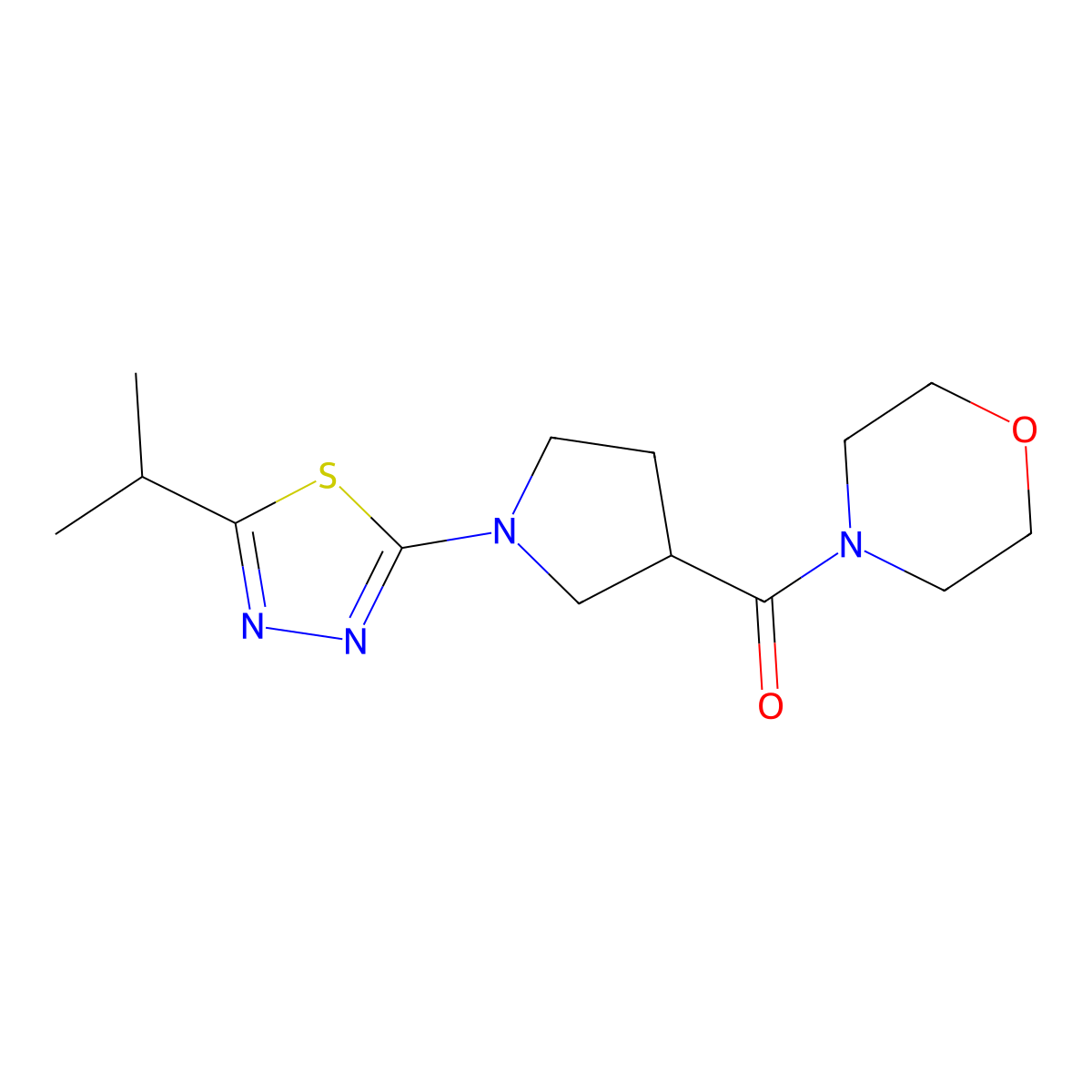 4-{1-[5-(Propan-2-yl)-1,3,4-thiadiazol-2-yl]pyrrolidine-3-carbonyl}morpholine molecular structure, CAS 2877690-47-4