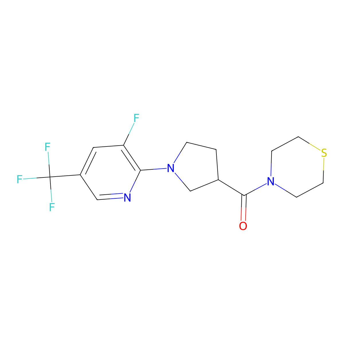 4-{1-[3-Fluoro-5-(trifluoromethyl)pyridin-2-yl]pyrrolidine-3-carbonyl}thiomorpholine molecular structure, CAS 2877690-55-4