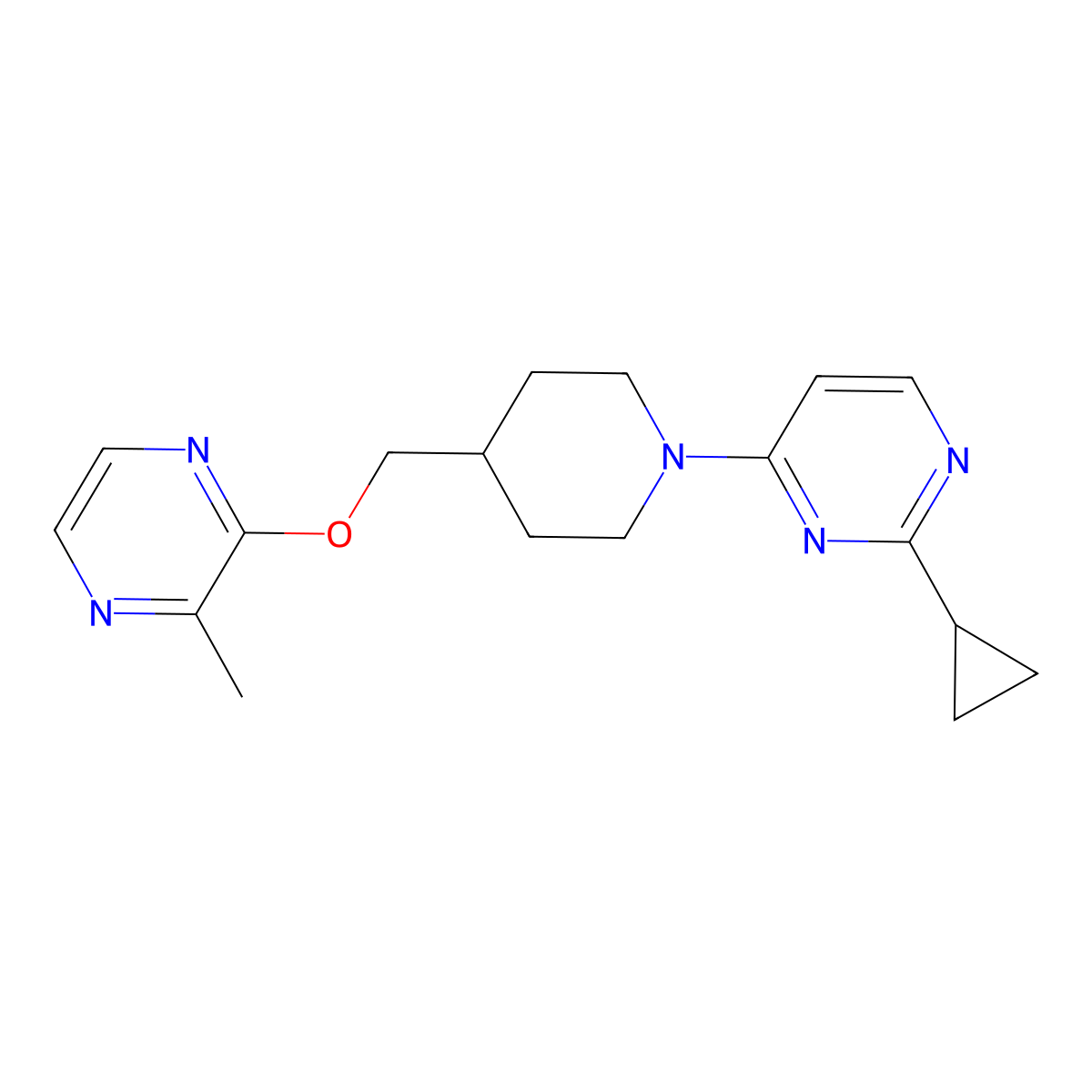 2-Cyclopropyl-4-(4-{[(3-methylpyrazin-2-yl)oxy]methyl}piperidin-1-yl)pyrimidine molecular structure, CAS 2877690-57-6