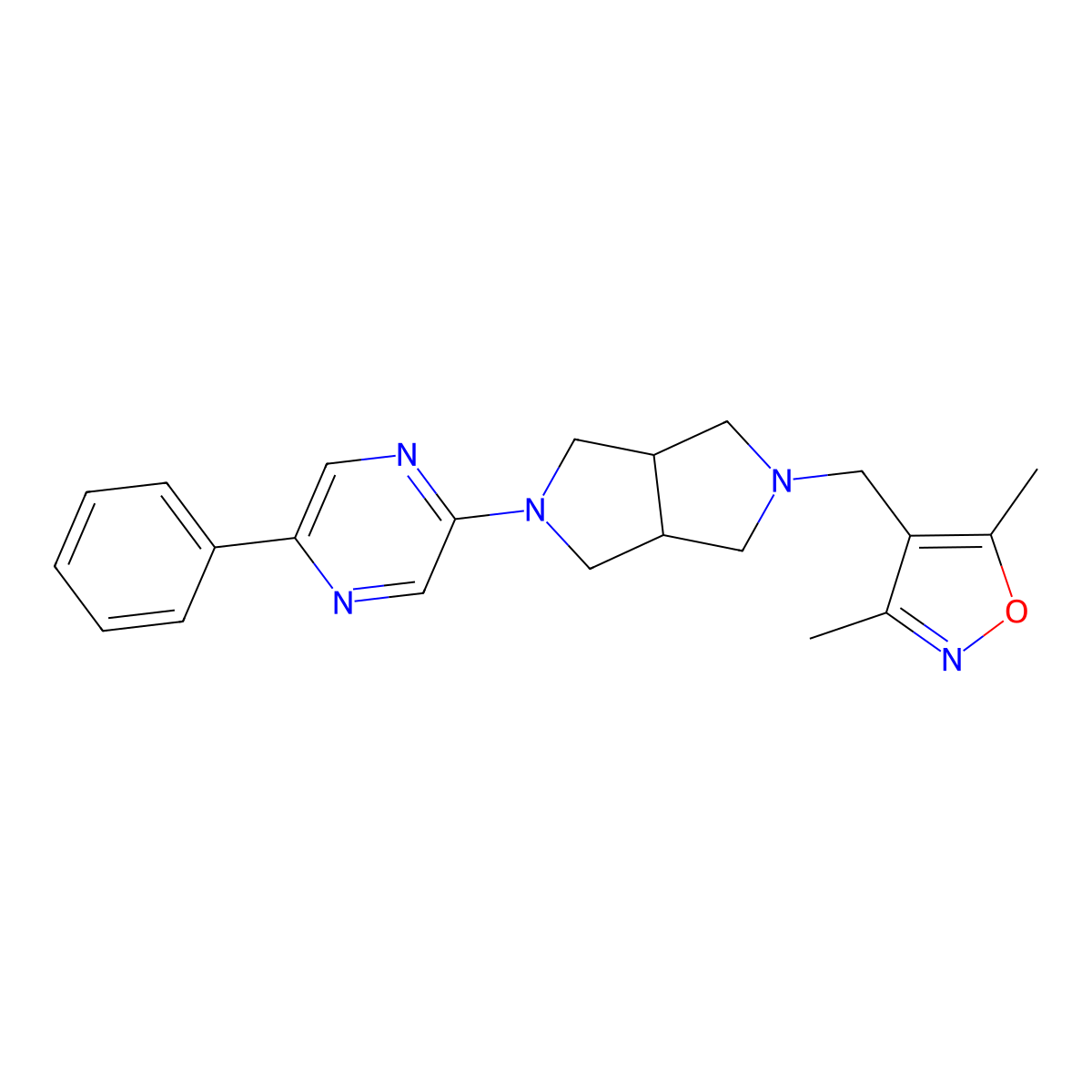 2-{5-[(3,5-Dimethyl-1,2-oxazol-4-yl)methyl]-octahydropyrrolo[3,4-c]pyrrol-2-yl}-5-phenylpyrazine molecular structure, CAS 2877690-64-5