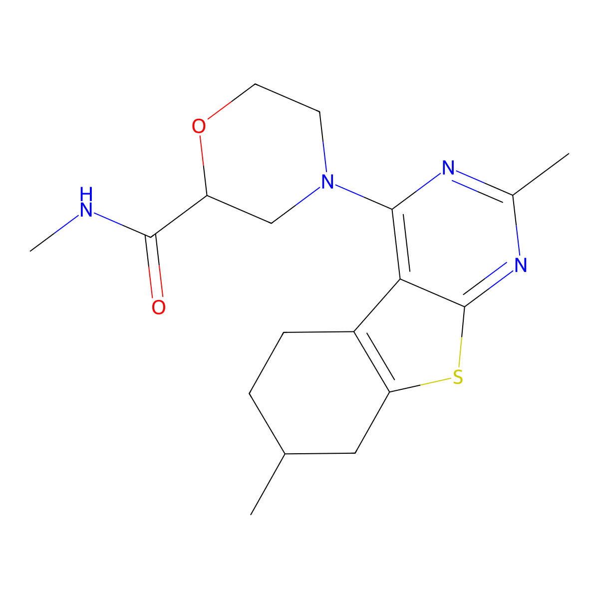 4-(2,7-dimethyl-5,6,7,8-tetrahydro-[1]benzothiolo[2,3-d]pyrimidin-4-yl)-N-methylmorpholine-2-carboxamide molecular structure, CAS 2877690-65-6