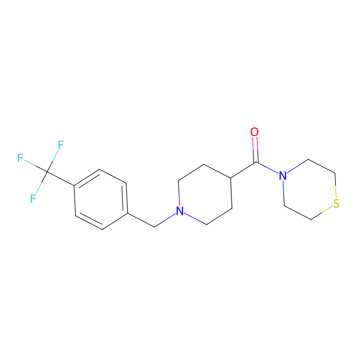 4-(1-{[4-(Trifluoromethyl)phenyl]methyl}piperidine-4-carbonyl)thiomorpholine molecular structure, CAS 2877690-68-9