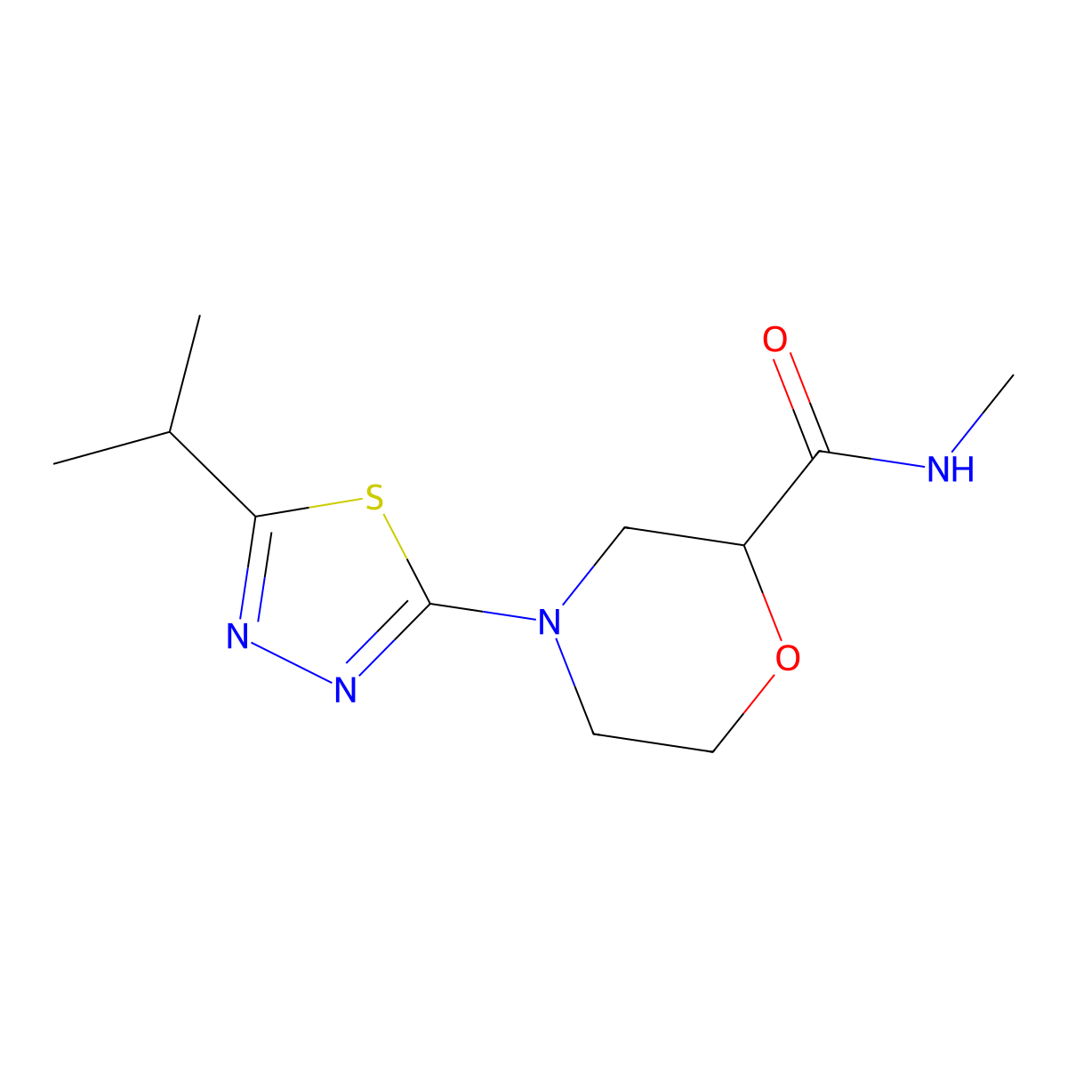 N-methyl-4-[5-(propan-2-yl)-1,3,4-thiadiazol-2-yl]morpholine-2-carboxamide molecular structure, CAS 2877690-69-0