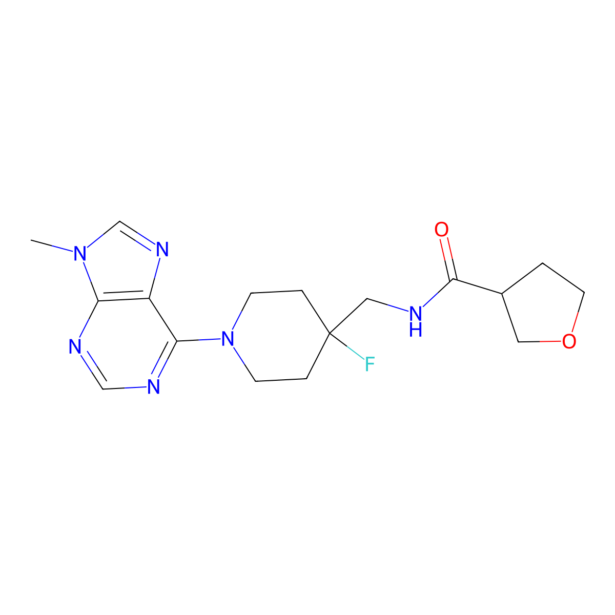 N-{[4-fluoro-1-(9-methyl-9H-purin-6-yl)piperidin-4-yl]methyl}oxolane-3-carboxamide molecular structure, CAS 2877690-78-1