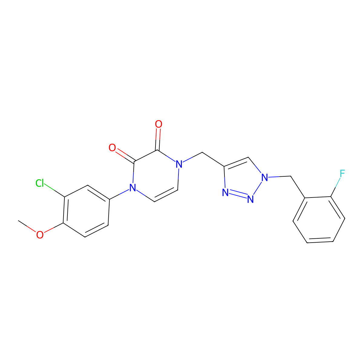 1-(3-chloro-4-methoxyphenyl)-4-({1-[(2-fluorophenyl)methyl]-1H-1,2,3-triazol-4-yl}methyl)-1,2,3,4-tetrahydropyrazine-2,3-dione molecular structure, CAS 2877690-88-3