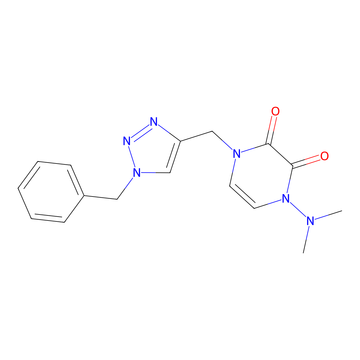 1-[(1-benzyl-1H-1,2,3-triazol-4-yl)methyl]-4-(dimethylamino)-1,2,3,4-tetrahydropyrazine-2,3-dione molecular structure, CAS 2877690-95-2