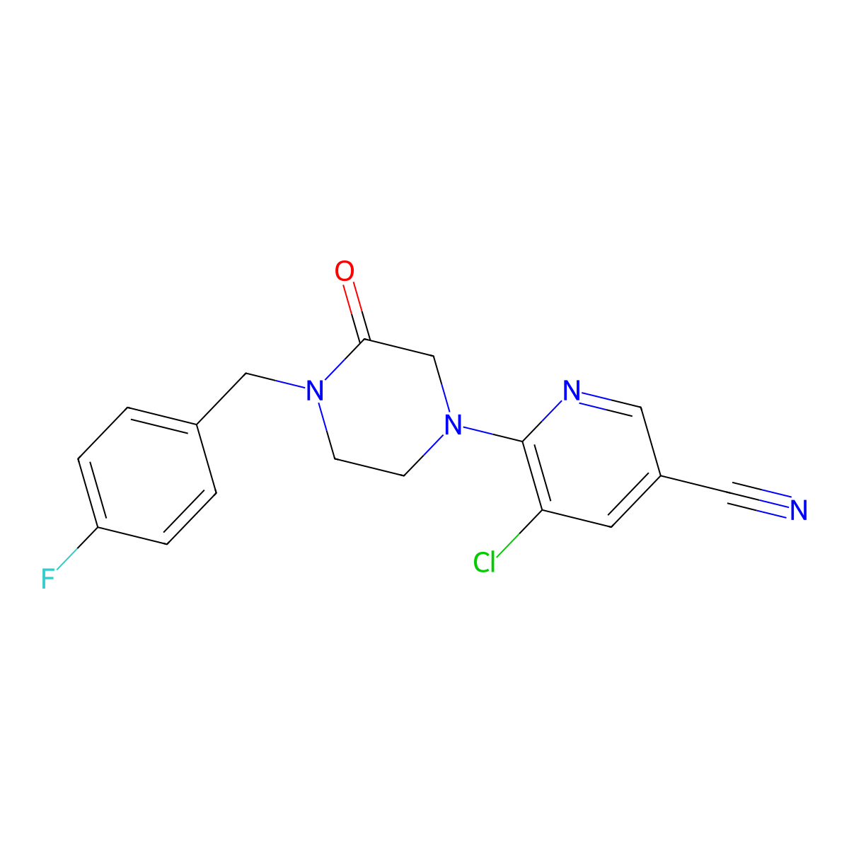 5-Chloro-6-[4-[(4-fluorophenyl)methyl]-3-oxopiperazin-1-yl]pyridine-3-carbonitrile molecular structure, CAS 2877690-98-5