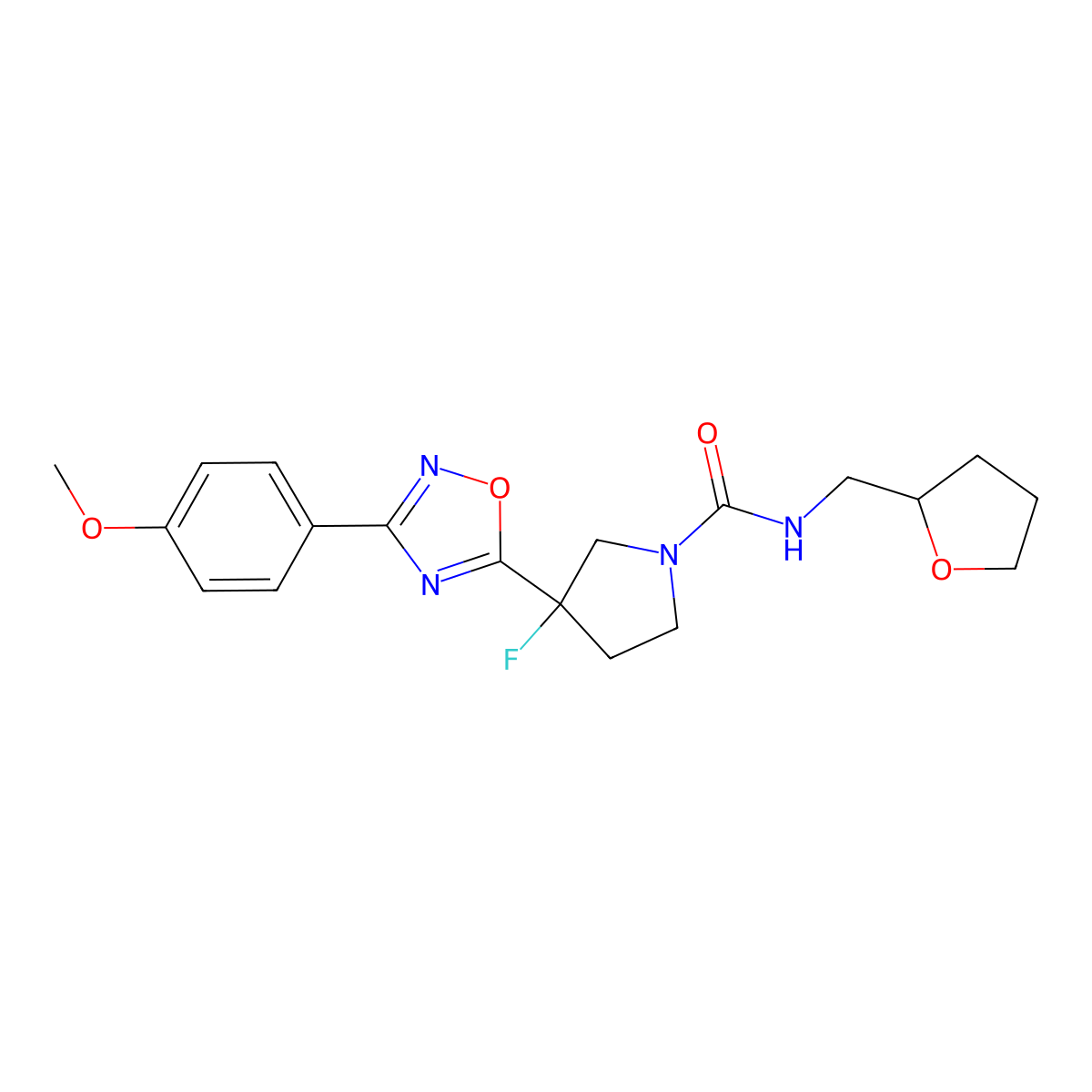 3-fluoro-3-[3-(4-methoxyphenyl)-1,2,4-oxadiazol-5-yl]-N-[(oxolan-2-yl)methyl]pyrrolidine-1-carboxamide molecular structure, CAS 2877691-01-3