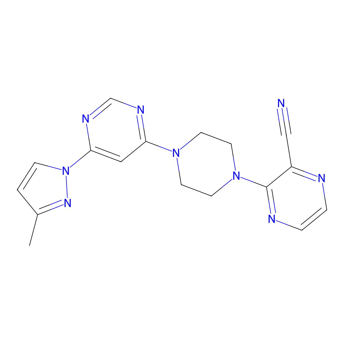 3-{4-[6-(3-methyl-1H-pyrazol-1-yl)pyrimidin-4-yl]piperazin-1-yl}pyrazine-2-carbonitrile molecular structure, CAS 2877691-06-8