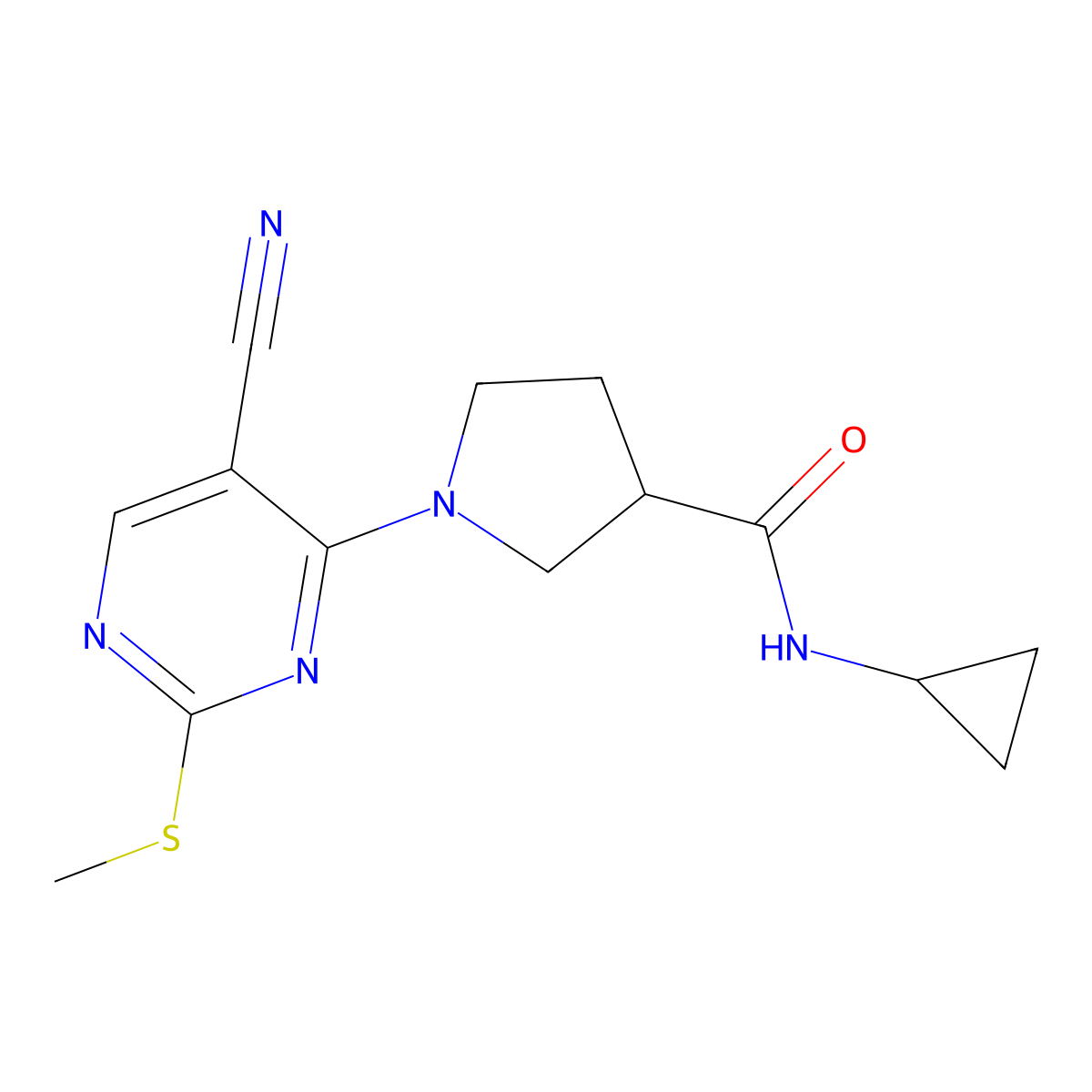 1-(5-cyano-2-methylsulfanylpyrimidin-4-yl)-N-cyclopropylpyrrolidine-3-carboxamide molecular structure, CAS 2877691-11-5