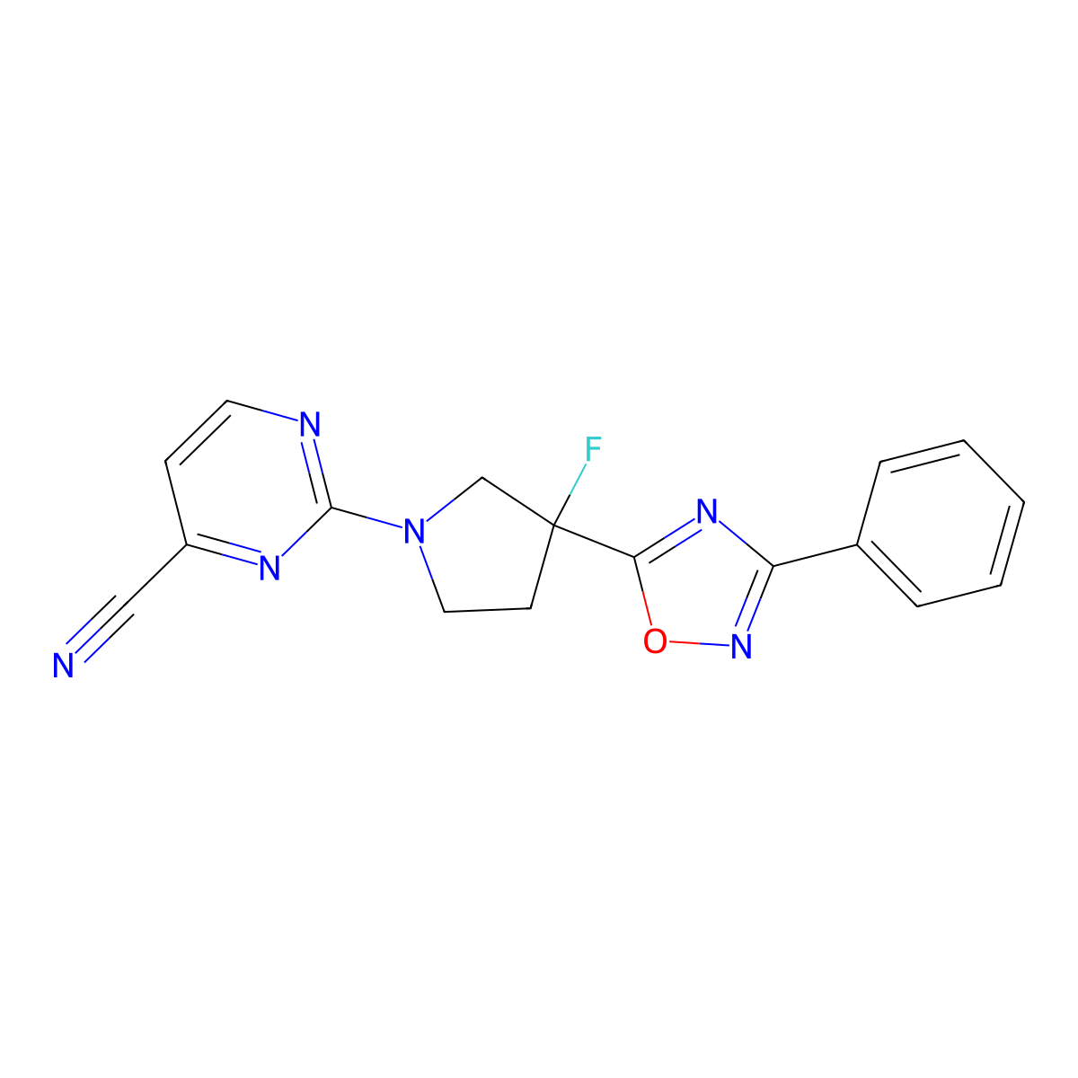 2-[3-Fluoro-3-(3-phenyl-1,2,4-oxadiazol-5-yl)pyrrolidin-1-yl]pyrimidine-4-carbonitrile molecular structure, CAS 2877691-20-6