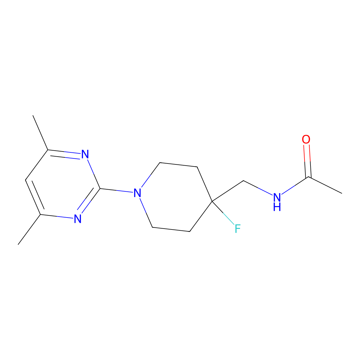 N-{[1-(4,6-dimethylpyrimidin-2-yl)-4-fluoropiperidin-4-yl]methyl}acetamide molecular structure, CAS 2877691-33-1