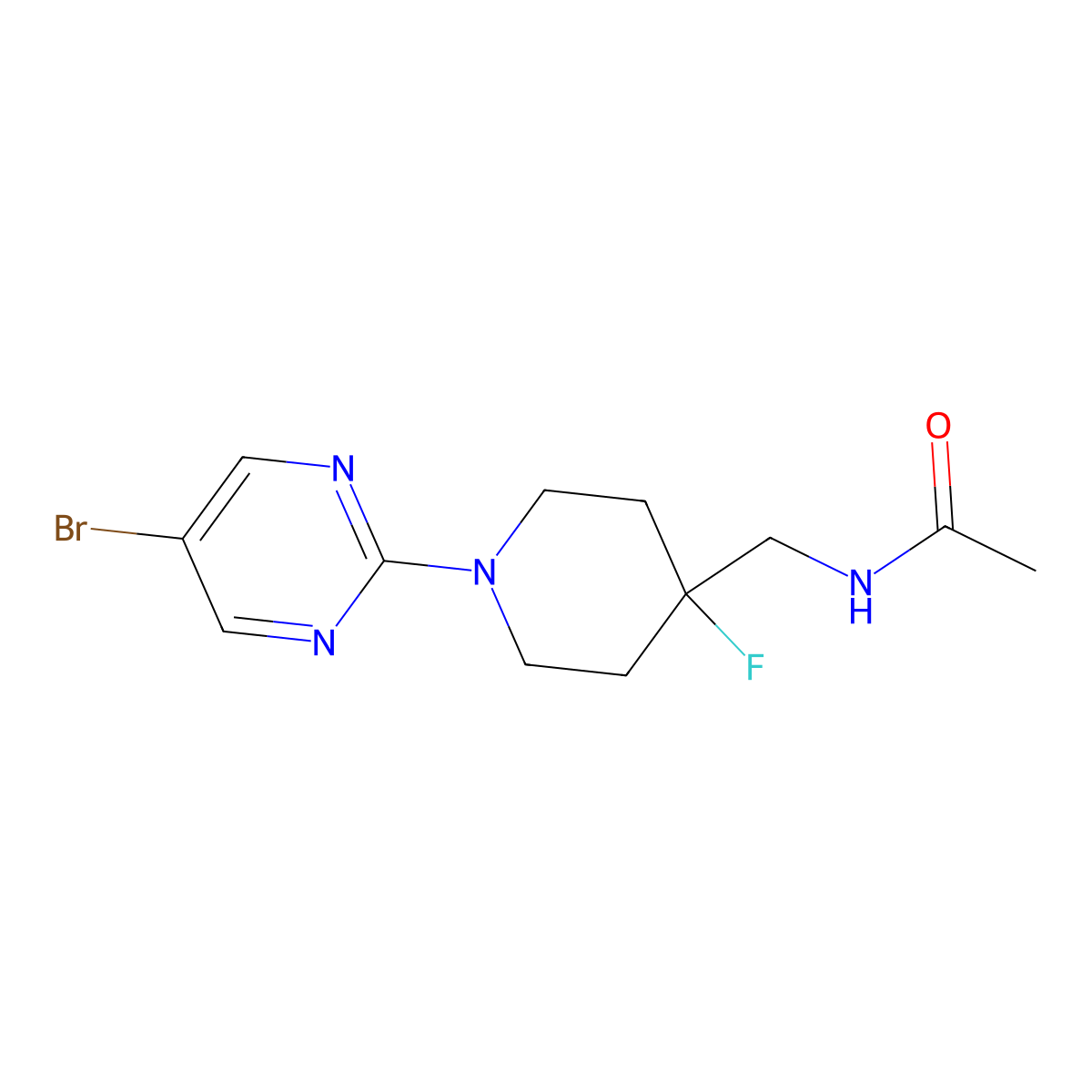N-{[1-(5-bromopyrimidin-2-yl)-4-fluoropiperidin-4-yl]methyl}acetamide molecular structure, CAS 2877691-40-0
