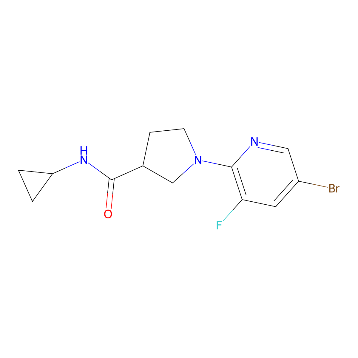 1-(5-bromo-3-fluoropyridin-2-yl)-N-cyclopropylpyrrolidine-3-carboxamide molecular structure, CAS 2877691-49-9