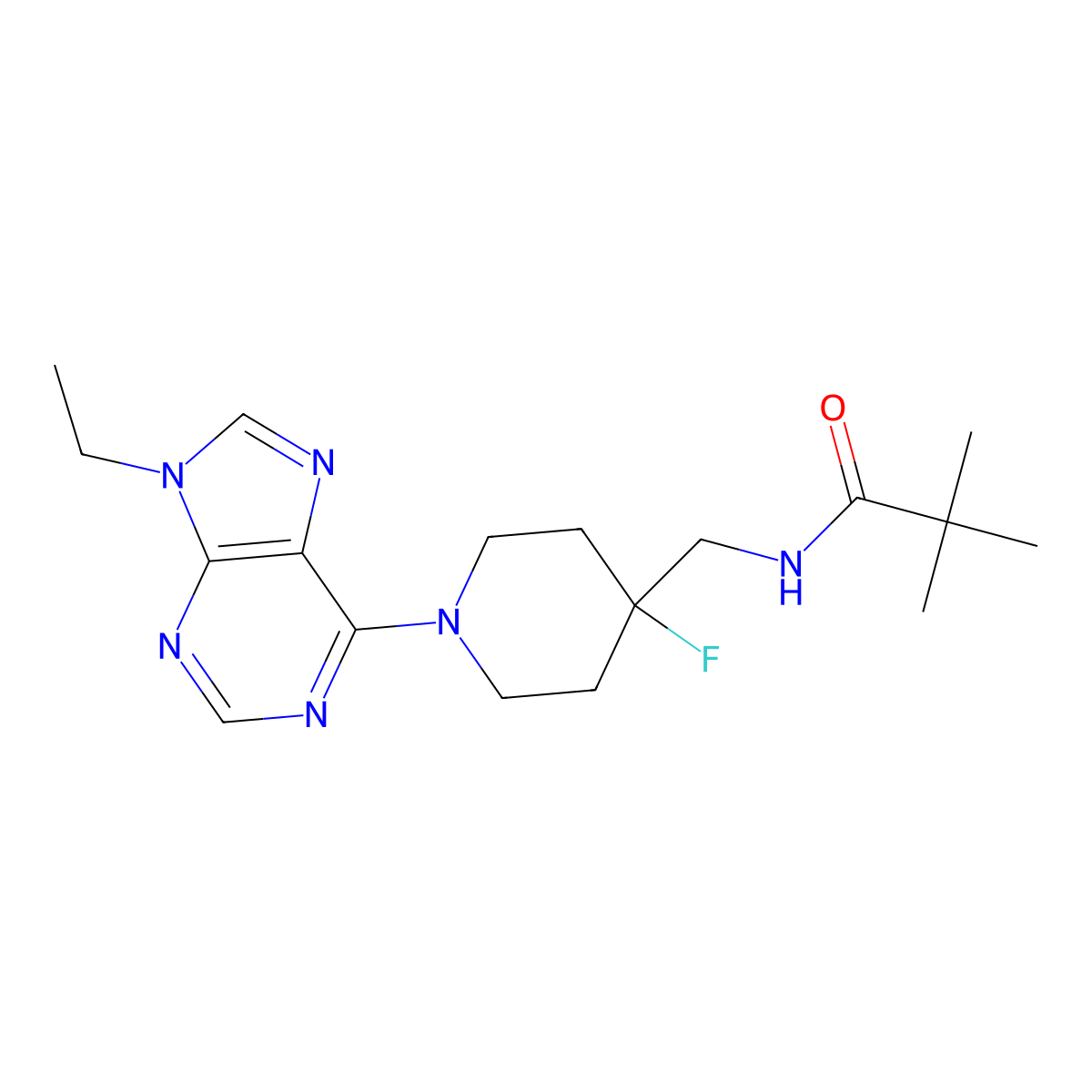 N-{[1-(9-ethyl-9H-purin-6-yl)-4-fluoropiperidin-4-yl]methyl}-2,2-dimethylpropanamide molecular structure, CAS 2877691-55-7