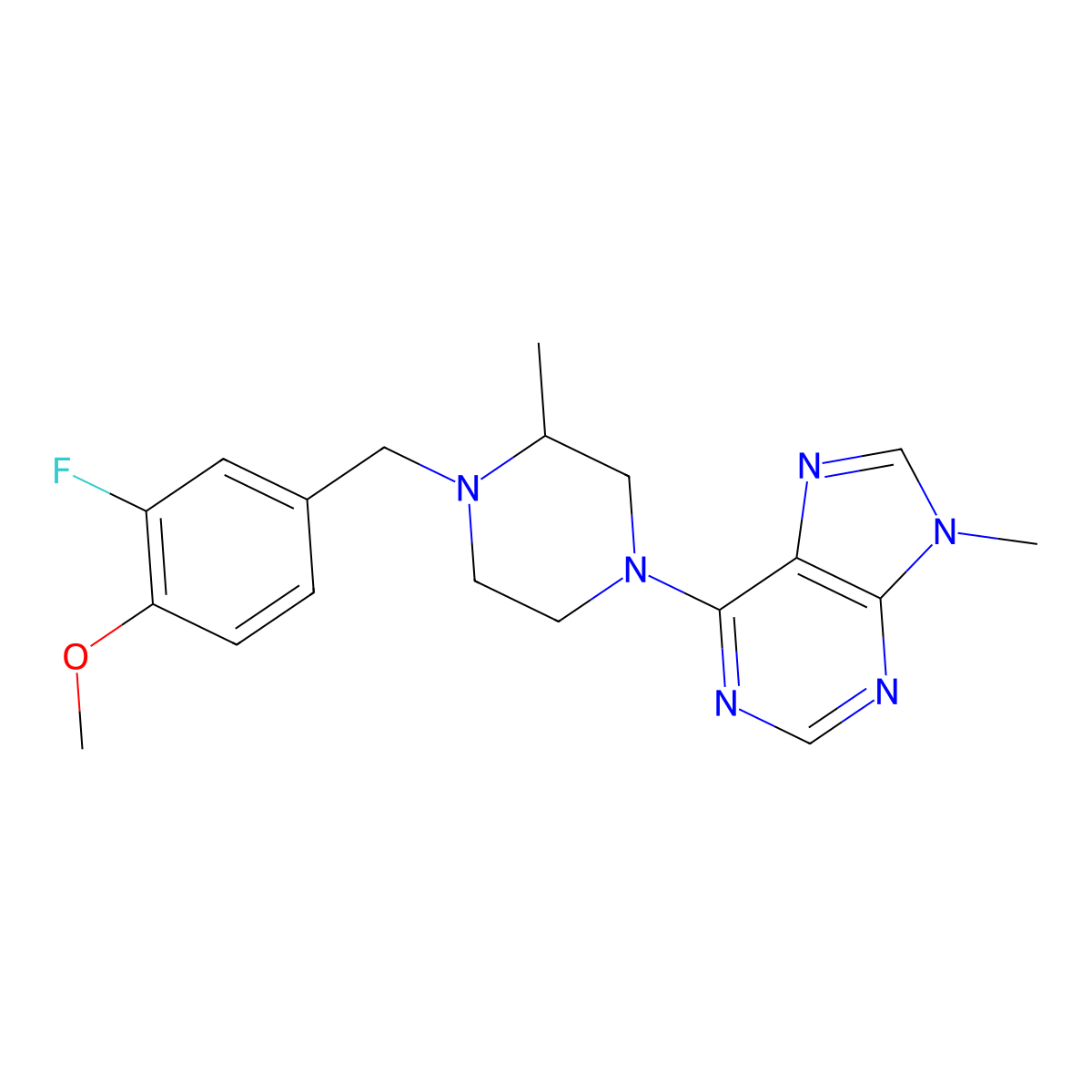 6-{4-[(3-fluoro-4-methoxyphenyl)methyl]-3-methylpiperazin-1-yl}-9-methyl-9H-purine molecular structure, CAS 2877691-60-4