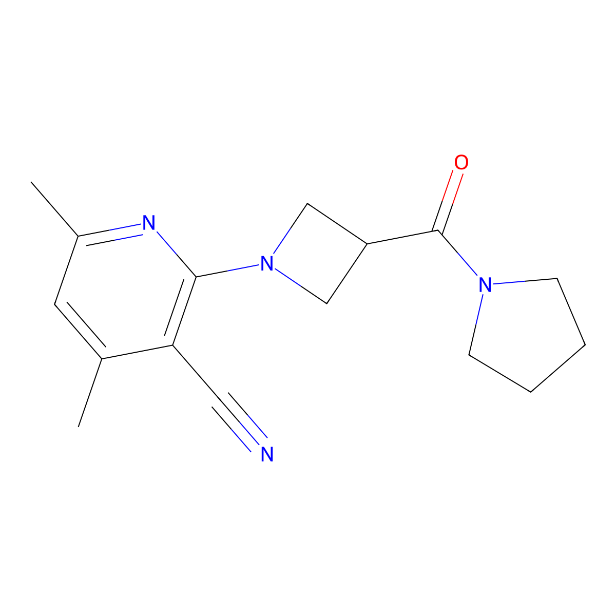 4,6-Dimethyl-2-[3-(pyrrolidine-1-carbonyl)azetidin-1-yl]pyridine-3-carbonitrile molecular structure, CAS 2877691-88-6