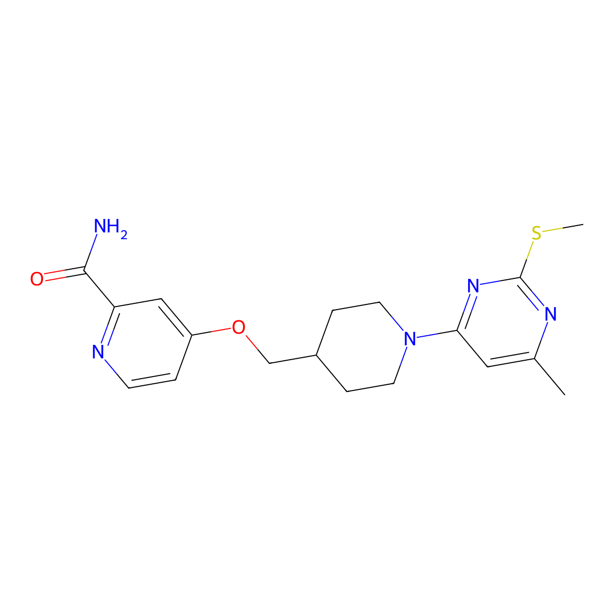 4-({1-[6-Methyl-2-(methylsulfanyl)pyrimidin-4-yl]piperidin-4-yl}methoxy)pyridine-2-carboxamide molecular structure, CAS 2877691-92-2