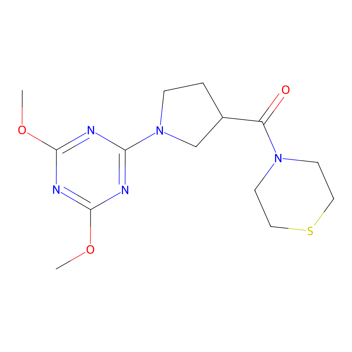 2,4-Dimethoxy-6-[3-(thiomorpholine-4-carbonyl)pyrrolidin-1-yl]-1,3,5-triazine molecular structure, CAS 2877691-93-3