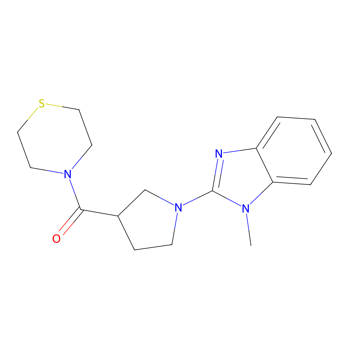 1-methyl-2-[3-(thiomorpholine-4-carbonyl)pyrrolidin-1-yl]-1H-1,3-benzodiazole molecular structure, CAS 2877692-00-5