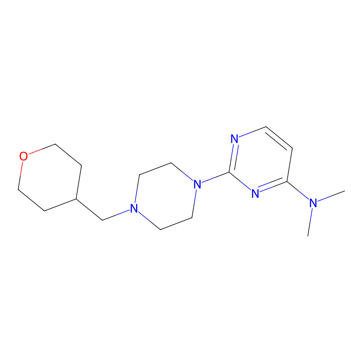N,N-dimethyl-2-{4-[(oxan-4-yl)methyl]piperazin-1-yl}pyrimidin-4-amine molecular structure, CAS 2877692-07-2