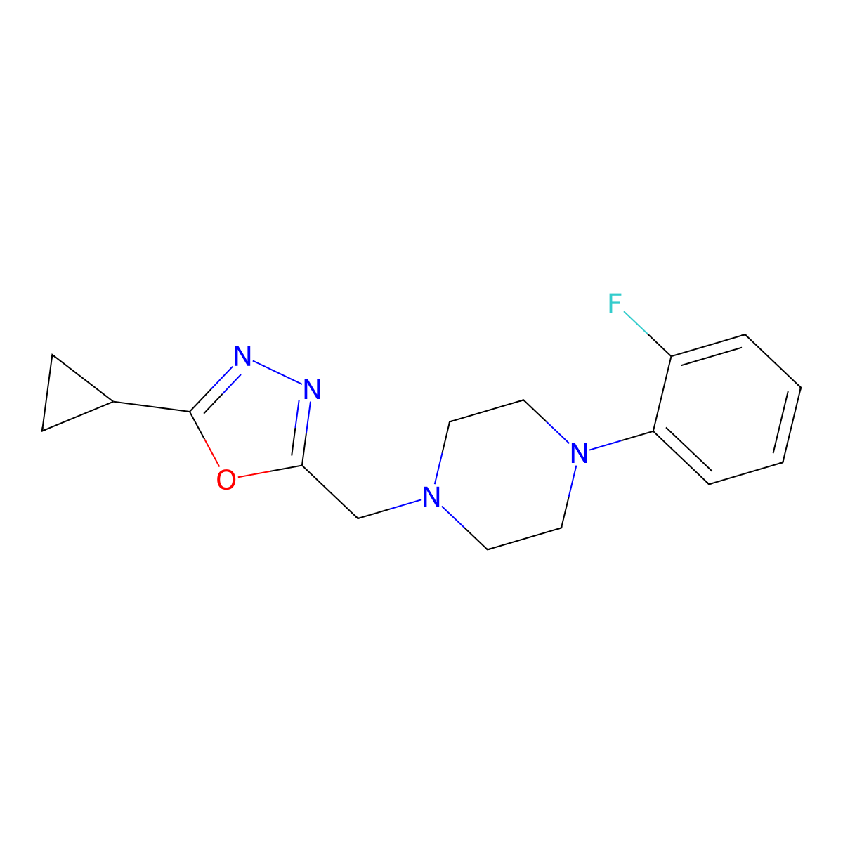 1-[(5-Cyclopropyl-1,3,4-oxadiazol-2-yl)methyl]-4-(2-fluorophenyl)piperazine molecular structure, CAS 2877692-08-3