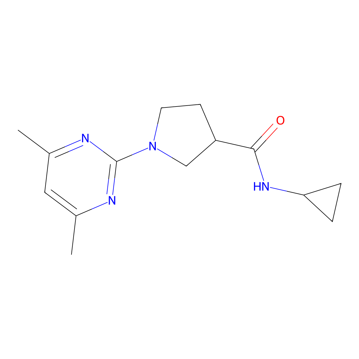 N-cyclopropyl-1-(4,6-dimethylpyrimidin-2-yl)pyrrolidine-3-carboxamide molecular structure, CAS 2877692-16-3