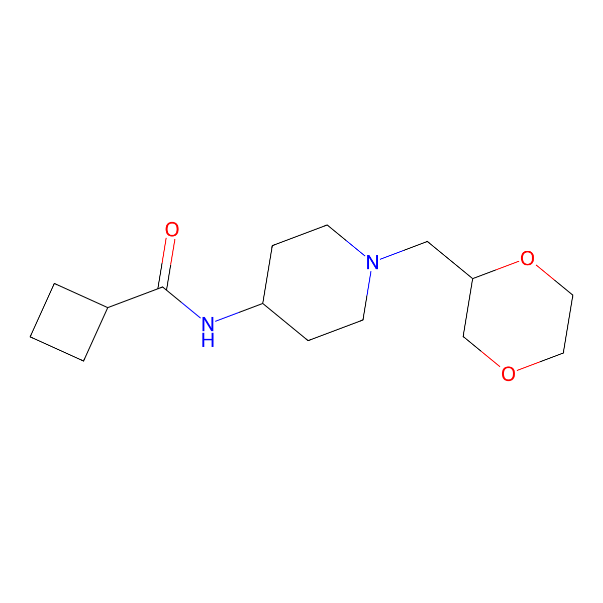 N-{1-[(1,4-dioxan-2-yl)methyl]piperidin-4-yl}cyclobutanecarboxamide molecular structure, CAS 2877692-28-7