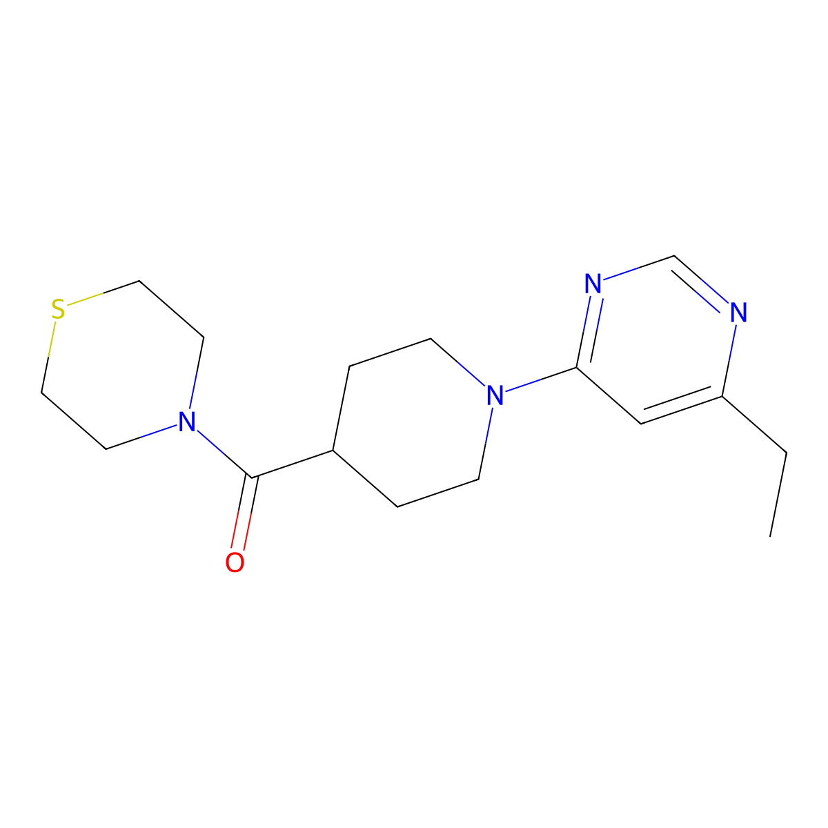 4-[1-(6-Ethylpyrimidin-4-yl)piperidine-4-carbonyl]thiomorpholine molecular structure, CAS 2877692-40-3
