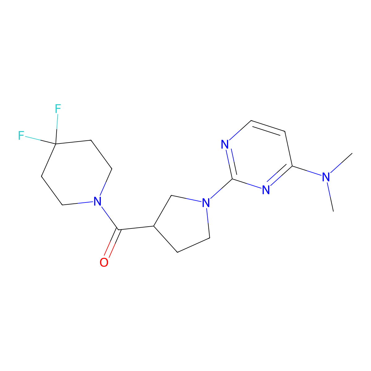 2-[3-(4,4-difluoropiperidine-1-carbonyl)pyrrolidin-1-yl]-N,N-dimethylpyrimidin-4-amine molecular structure, CAS 2877692-41-4