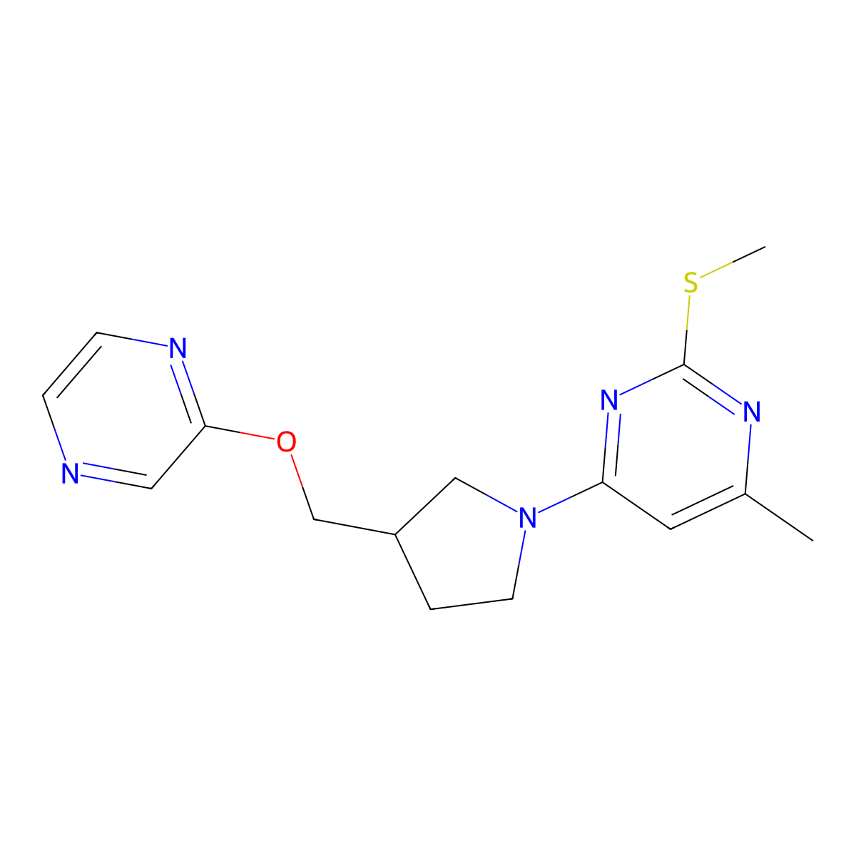 4-Methyl-2-(methylsulfanyl)-6-{3-[(pyrazin-2-yloxy)methyl]pyrrolidin-1-yl}pyrimidine molecular structure, CAS 2877701-40-9