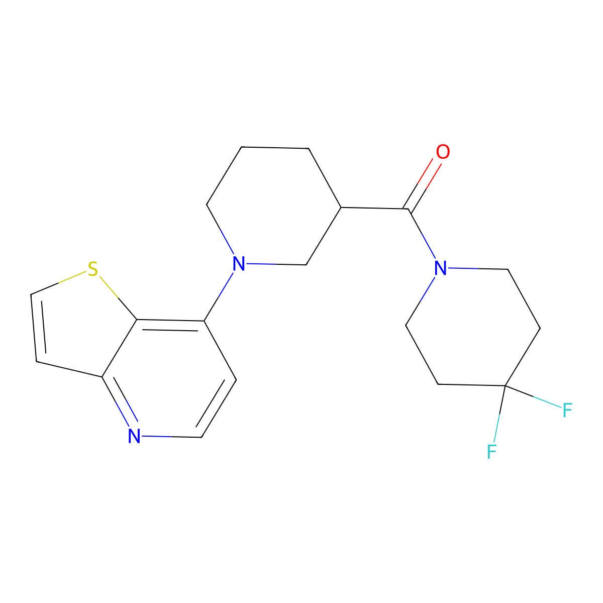 3-(4,4-Difluoropiperidine-1-carbonyl)-1-{thieno[3,2-b]pyridin-7-yl}piperidine molecular structure, CAS 2877701-55-6
