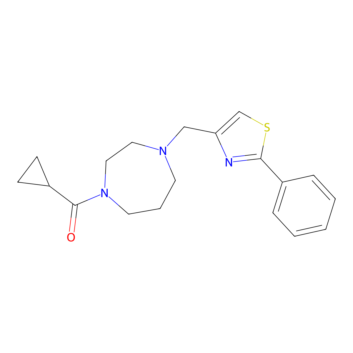 1-Cyclopropanecarbonyl-4-[(2-phenyl-1,3-thiazol-4-yl)methyl]-1,4-diazepane molecular structure, CAS 2877701-69-2