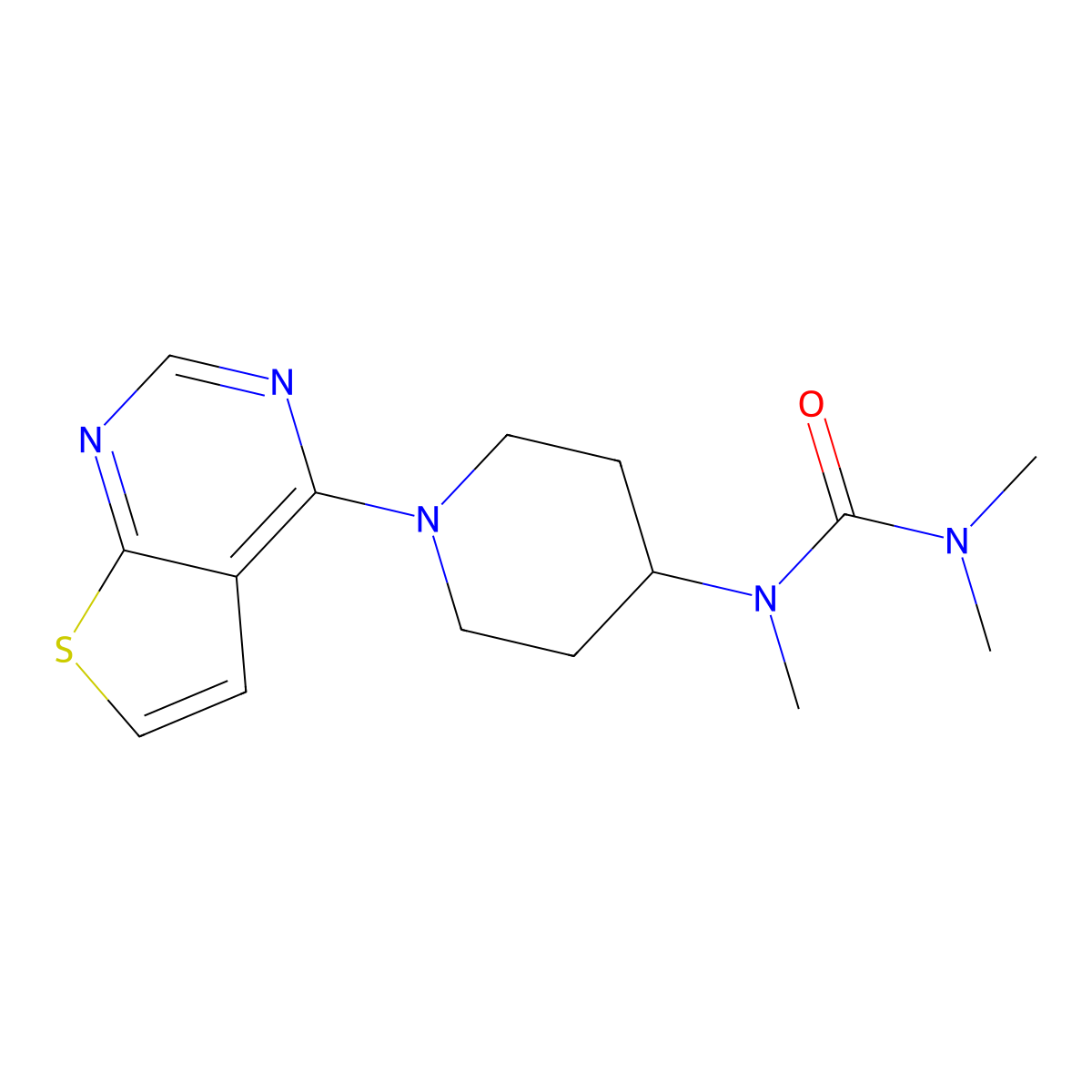 1,3,3-Trimethyl-1-(1-{thieno[2,3-d]pyrimidin-4-yl}piperidin-4-yl)urea molecular structure, CAS 2877701-73-8